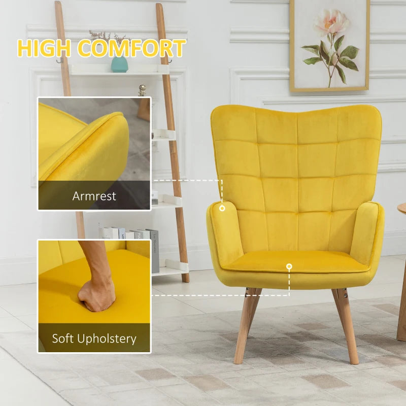 Yellow Velvet Tufted Wingback Armchair with Wood Legs