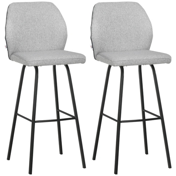 Light Grey Upholstered Bar Stools Set of 2 with Backs and Steel Legs