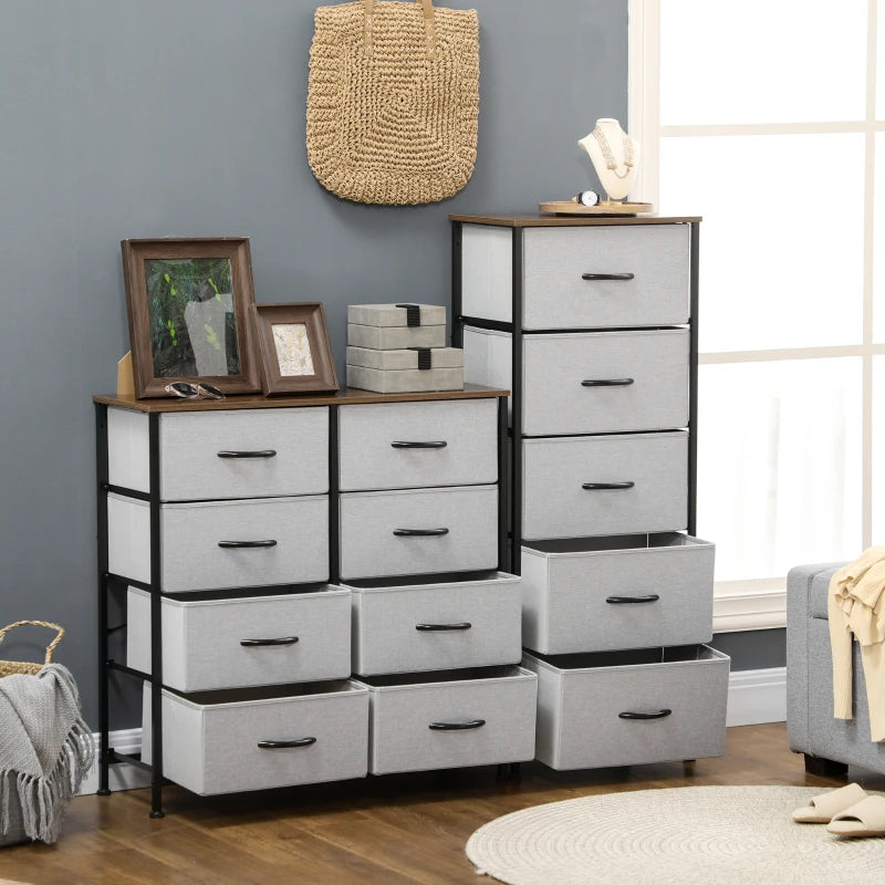 Grey Fabric 5-Drawer Industrial Dresser with Steel Frame and Wooden Top