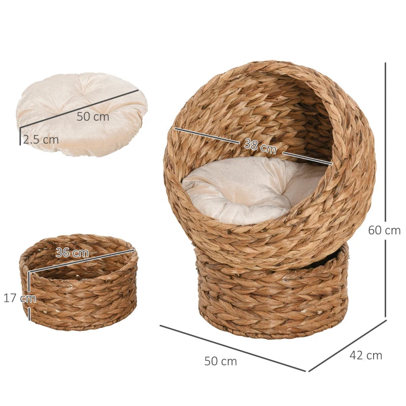 Brown Wicker Cat Bed with Raised Rattan Basket & Washable Cushion - 50 x 42 x 60 cm