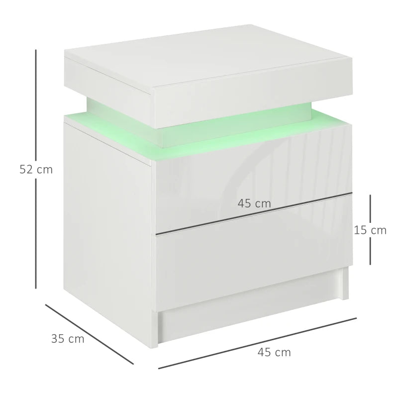 White High Gloss LED Bedside Table with 2 Drawers