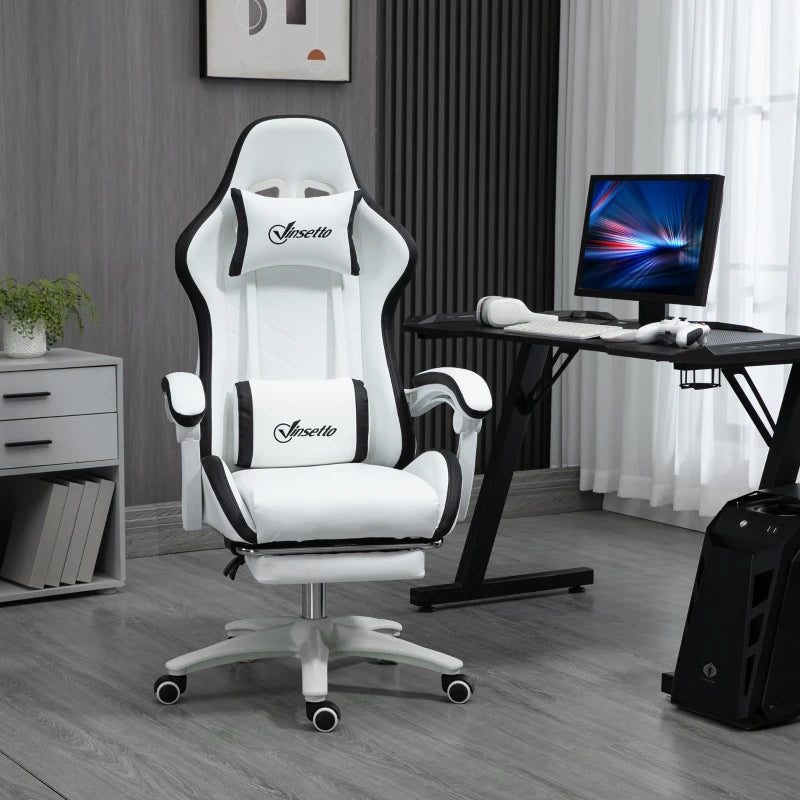 White & Black Racing Gaming Chair with Footrest and Swivel Seat