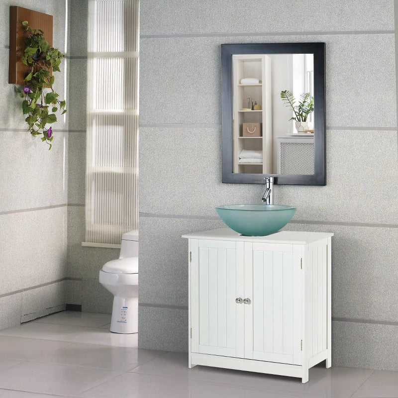 White Under Sink Bathroom Storage Cabinet - 2 Tier Wooden Vanity Unit