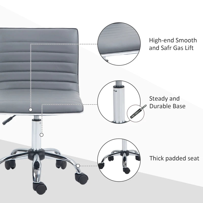 Light Grey Swivel Office Chair - Armless Mid-Back PU Leather, Chrome Base