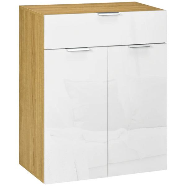 Modern White and Natural Slim Storage Cabinet with Drawer and Cupboard