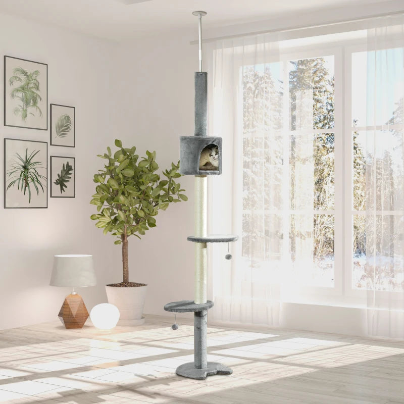 Cat Tree Condo with Scratching Post and Hanging Balls, Light Grey