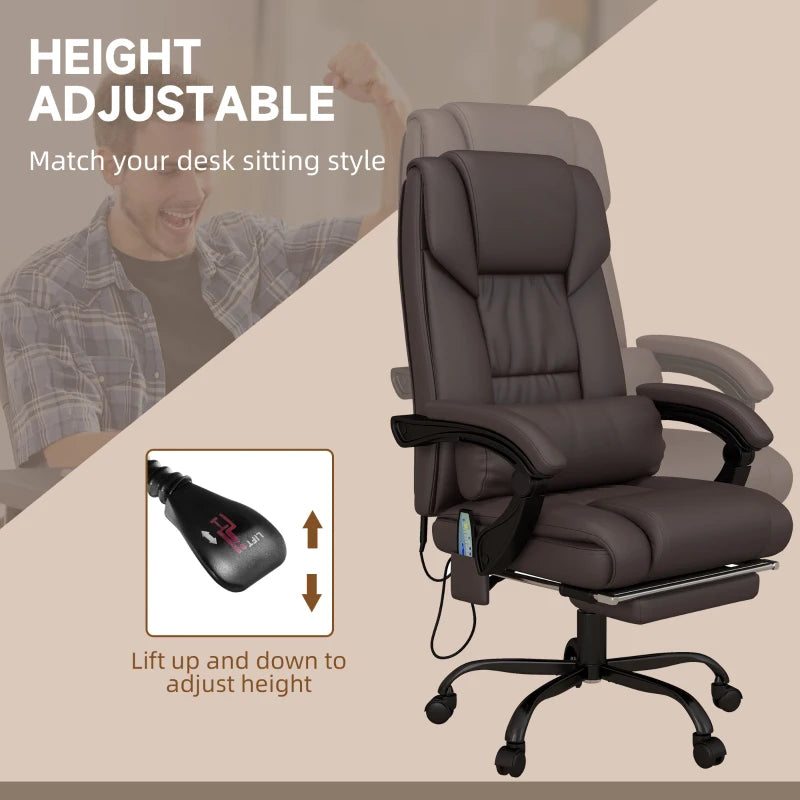 Brown Massage Office Chair with Footrest - Adjustable Height, PU Leather