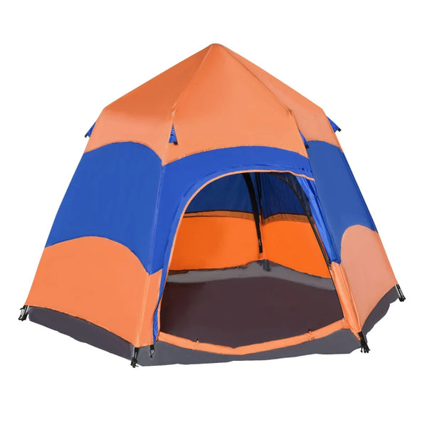 Hexagon Double Layer Dome Tent, 4-Person Pop Up Camping Shelter, Orange/Blue