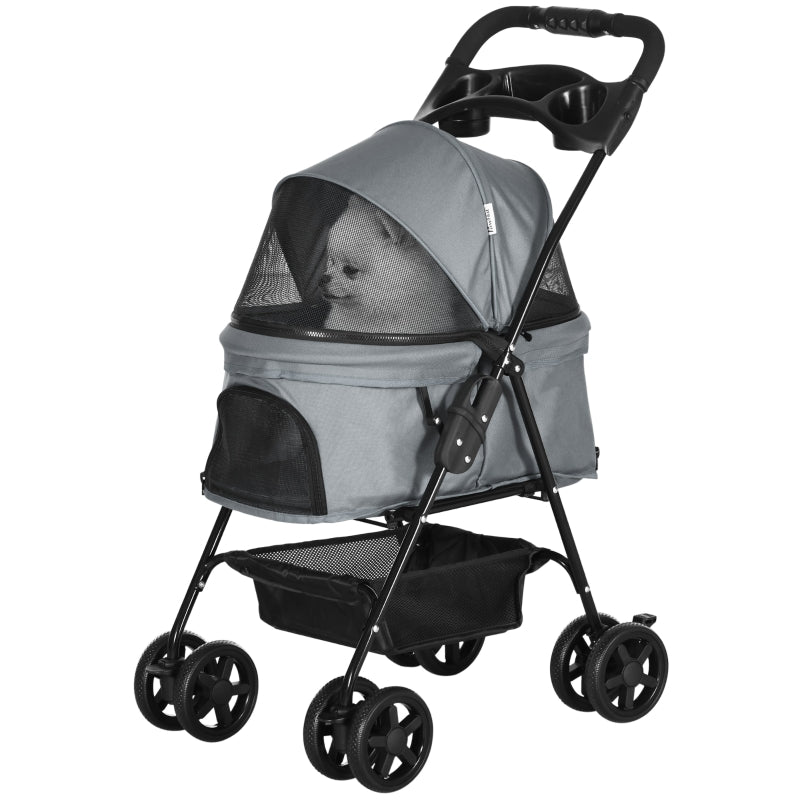 Grey Pet Stroller with Canopy and Storage Basket