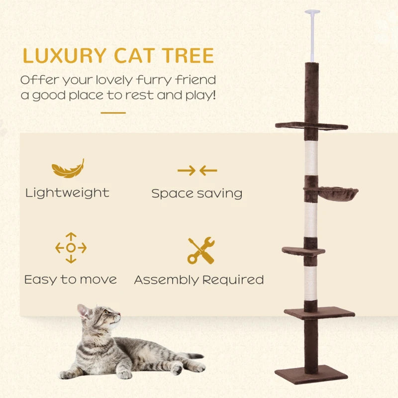 Adjustable Brown Cat Climbing Tower - 5-Tier Indoor Kitty Activity Center