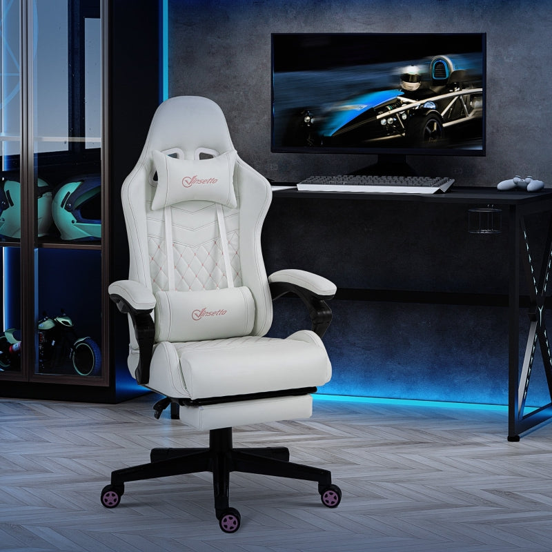 White Racing Gaming Chair with Swivel Wheel & Footrest