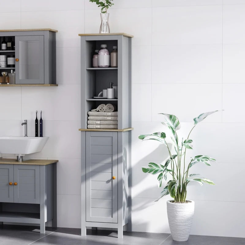 Grey Bathroom Storage Cabinet with 3 Tier Shelf and Cupboard