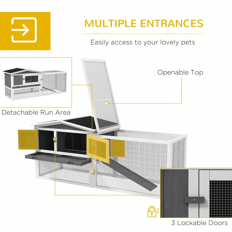 Grey Wooden Rabbit Hutch with Run and Accessories, 156 x 58 x 68cm