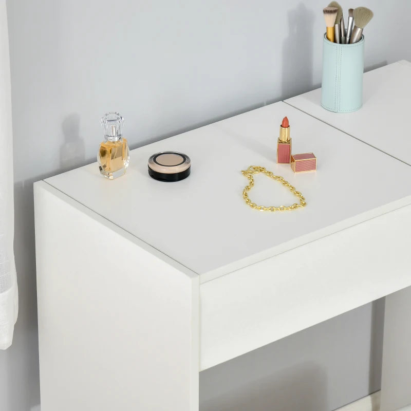 White Makeup Vanity Set with Mirror, Drawer, and Stool