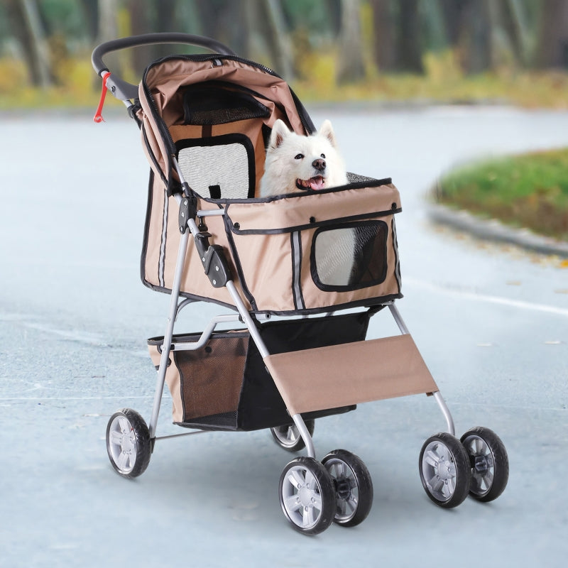 Brown Pet Stroller for Small Pets with Zipper Entry and Storage