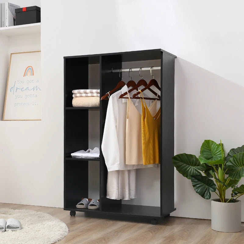 Black Mobile Wardrobe with Hanging Rod and Shelves