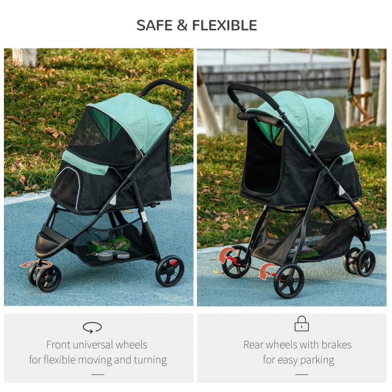 Green Foldable Pet Stroller with Rain Cover for XS and S Dogs