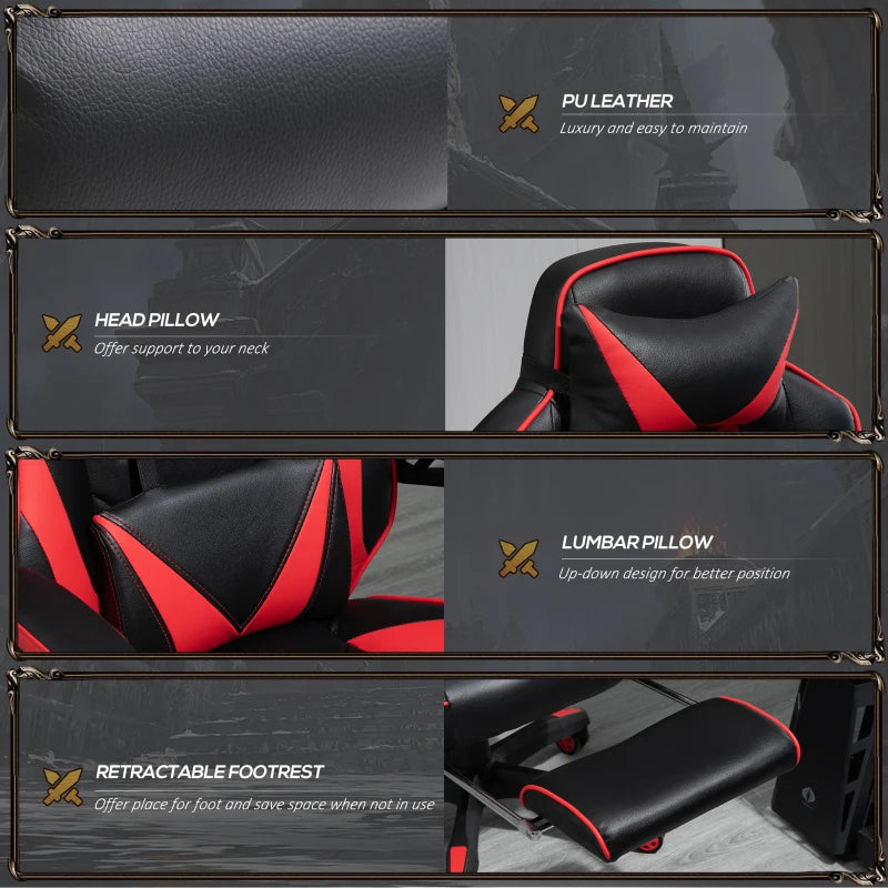 Red Gaming Chair with Lumbar Support, Footrest, and Headrest