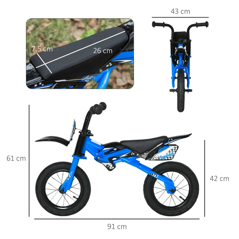 Blue 12" Kids Balance Bike, No Pedal Training Bicycle, Motorbike Style