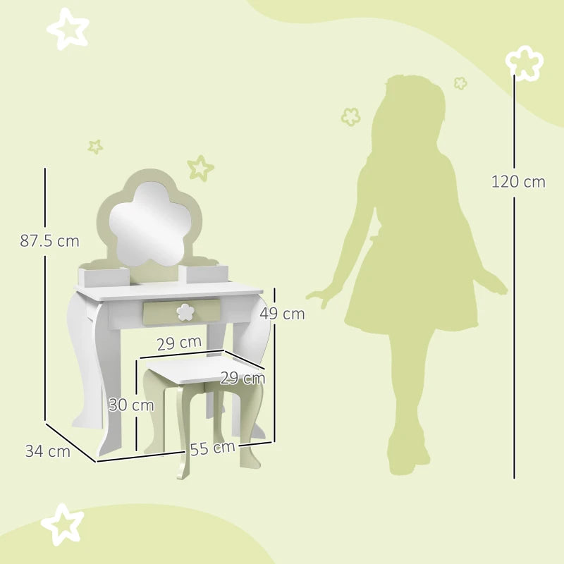 Kids White Vanity Table Set with Mirror, Stool, Drawer, and Flower Design