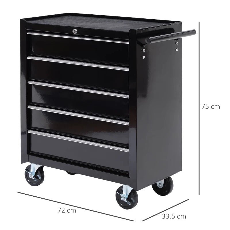 Black 5-Drawer Steel Tool Chest with Wheels and Lockable Cabinet