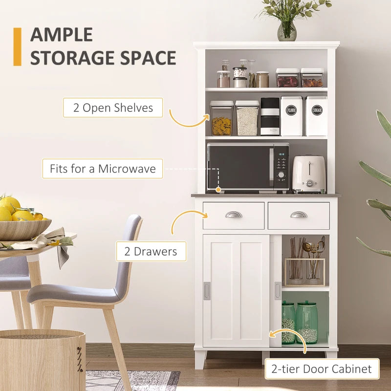 White Freestanding Kitchen Storage Cabinet with Sliding Doors and Shelves