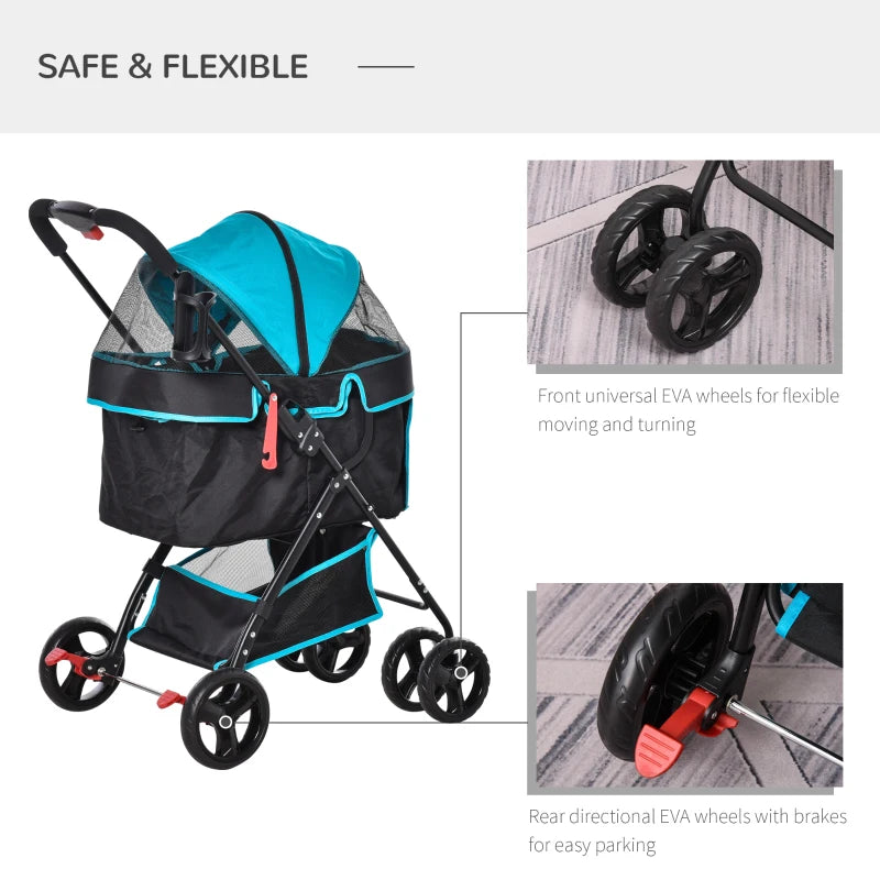 Foldable Pet Stroller with Adjustable Canopy - Blue