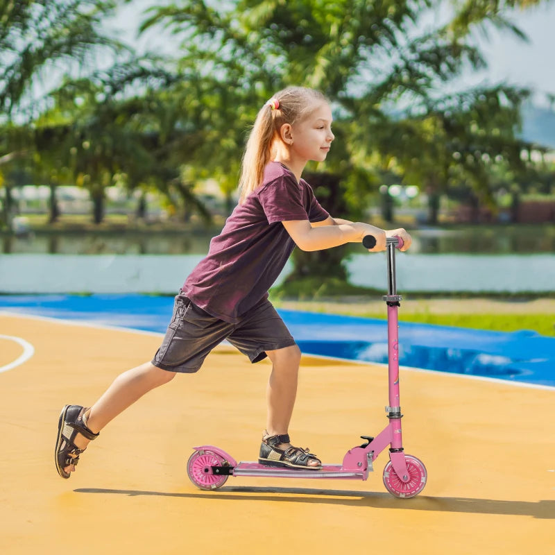 Kids Pink Scooter with Lights and Music - Adjustable Height, Foldable Frame