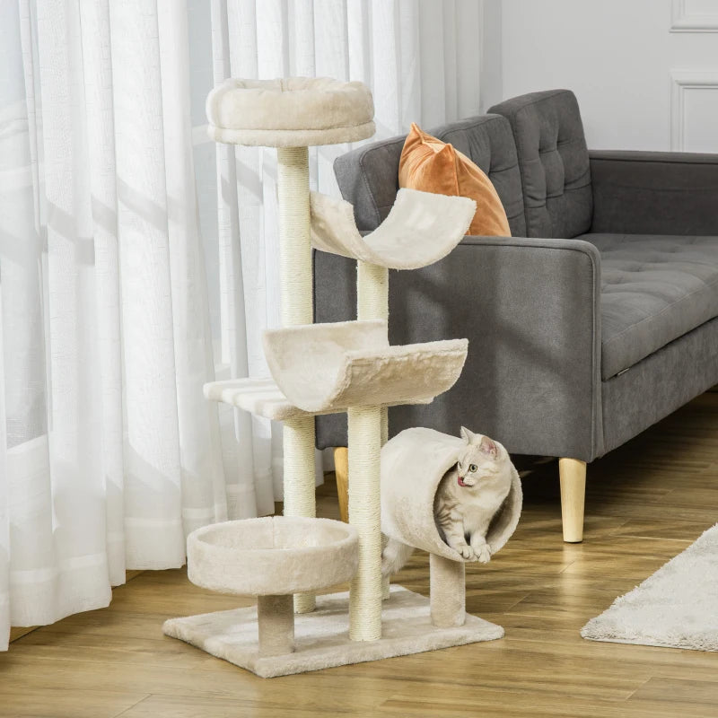 Beige Cat Tree Activity Center with Tunnel - 105cm Tall