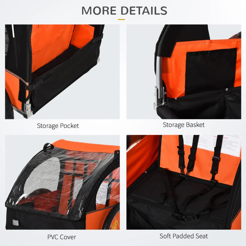 Orange Black 2-Seat Child Bike Trailer with Safety Harness