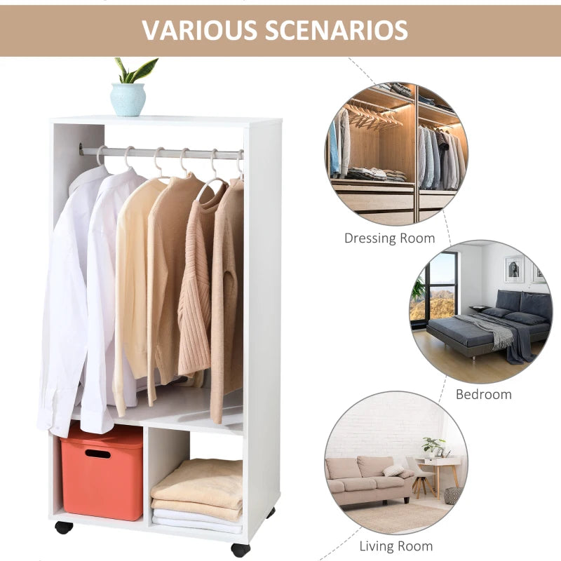 White Mobile Clothes Rack with Shelves and Rail