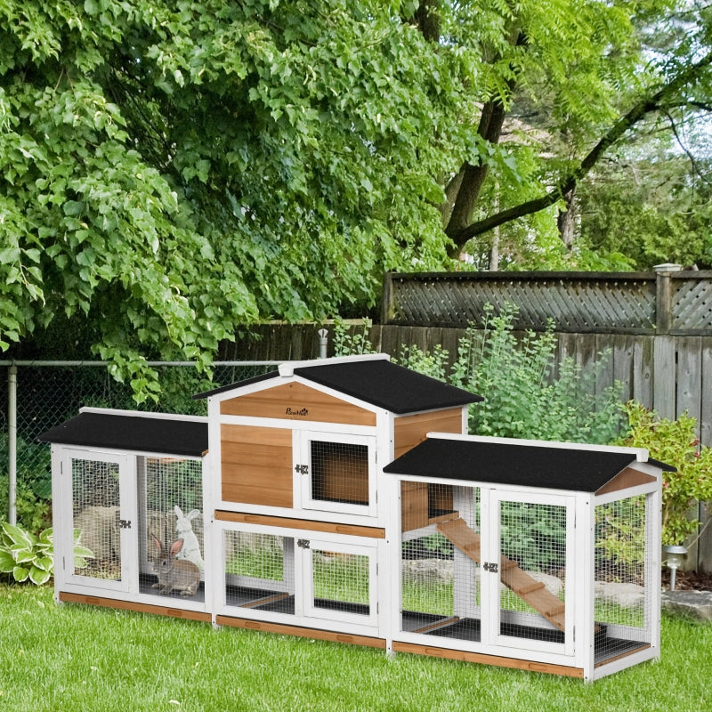 Wooden 2-Tier Rabbit Hutch with Double Side Run Boxes, Plastic Tray, Ramp - 230 x 53 x 93.5cm