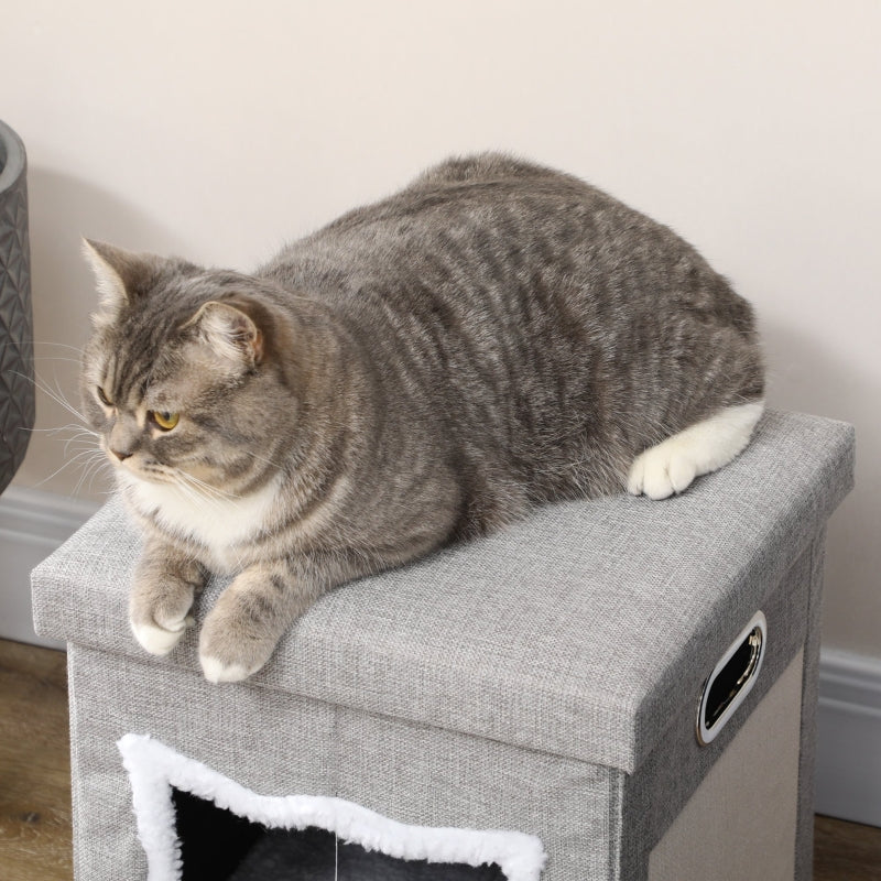 Grey Cat Bed Ottoman with Scratching Pad and Toy Ball