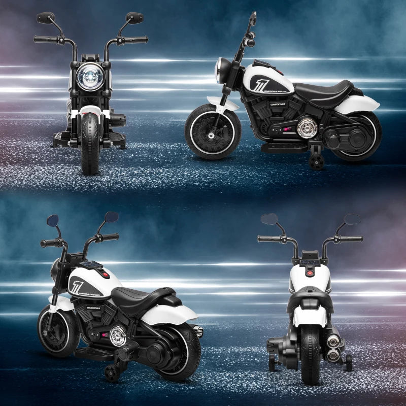 White 6V Electric Motorbike with Training Wheels, One-Button Start