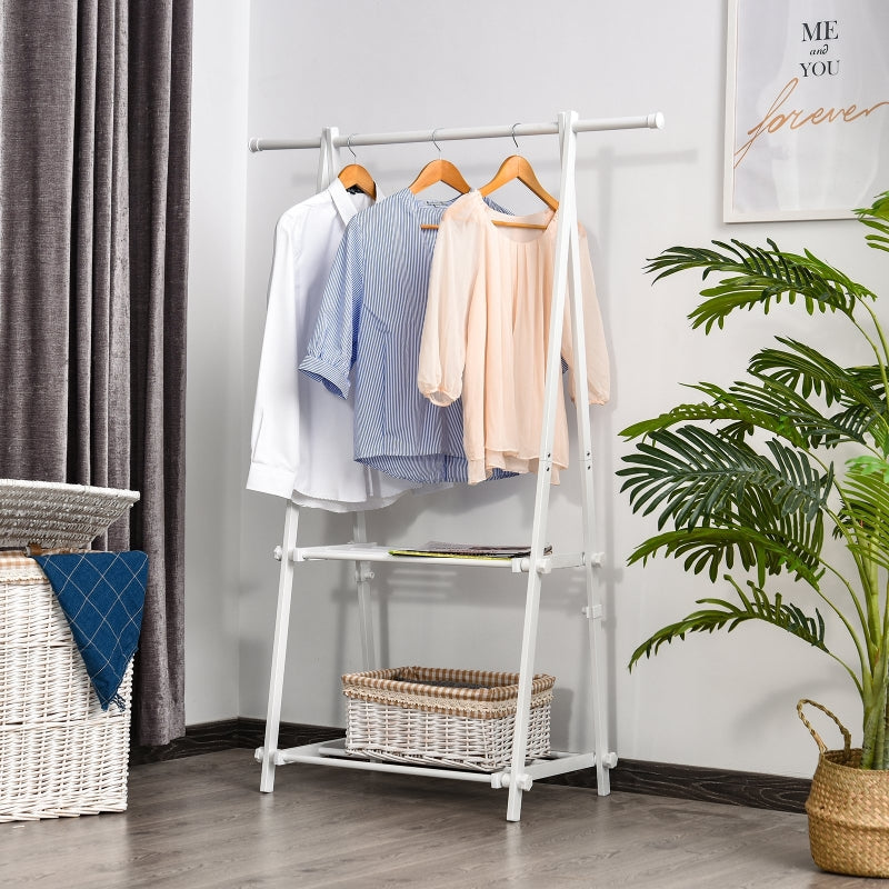 White Foldable Clothes Rack with 2 Shelves - Adjustable Hallway Furniture