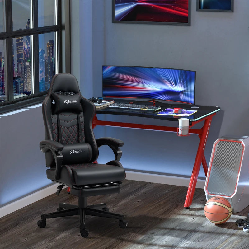 Black Red Racing Gaming Chair with Footrest and Swivel Wheel