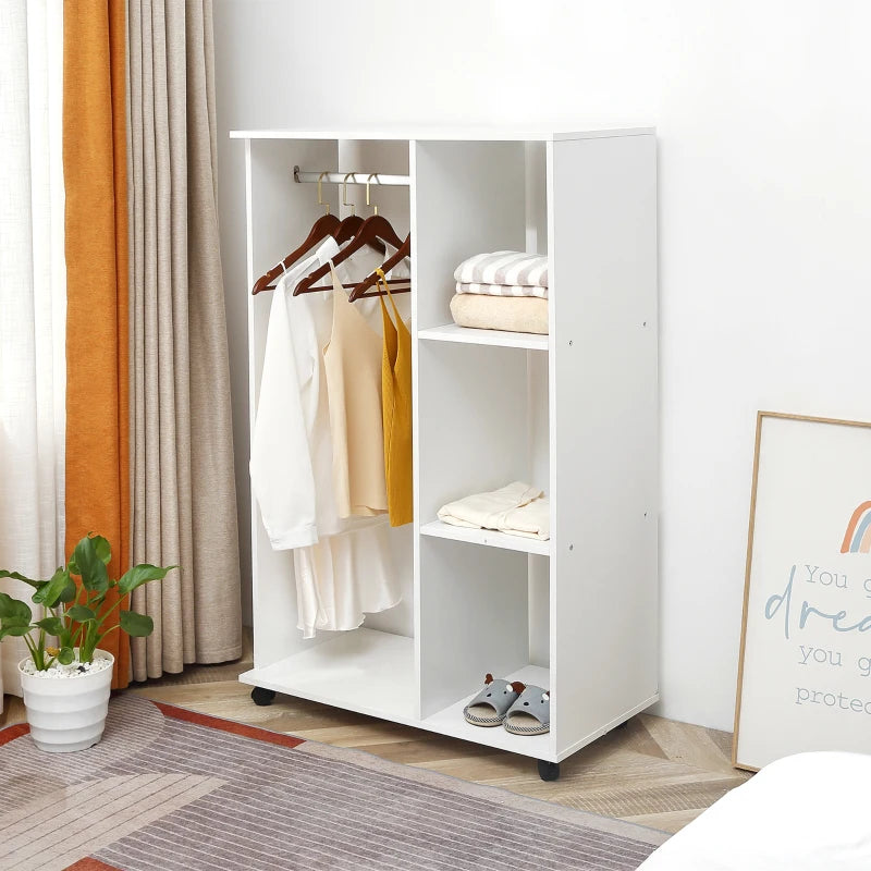 White Mobile Wardrobe with Hanging Rod and Shelves