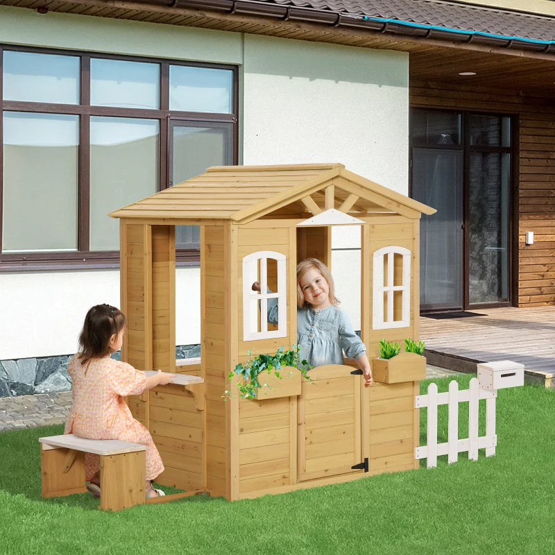 Wooden Outdoor Playhouse with Door and Windows - Natural