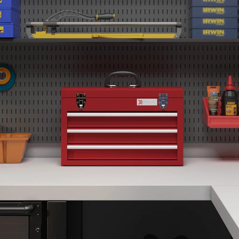 Red 3-Drawer Lockable Metal Tool Box with Handle and Ball Bearing Runners