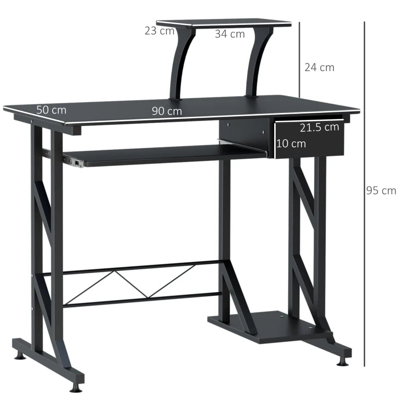 Black Computer Desk with Display Stand and Sliding Keyboard Tray