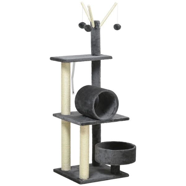 Grey Cat Tree Tower with Scratching Post and Interactive Toys