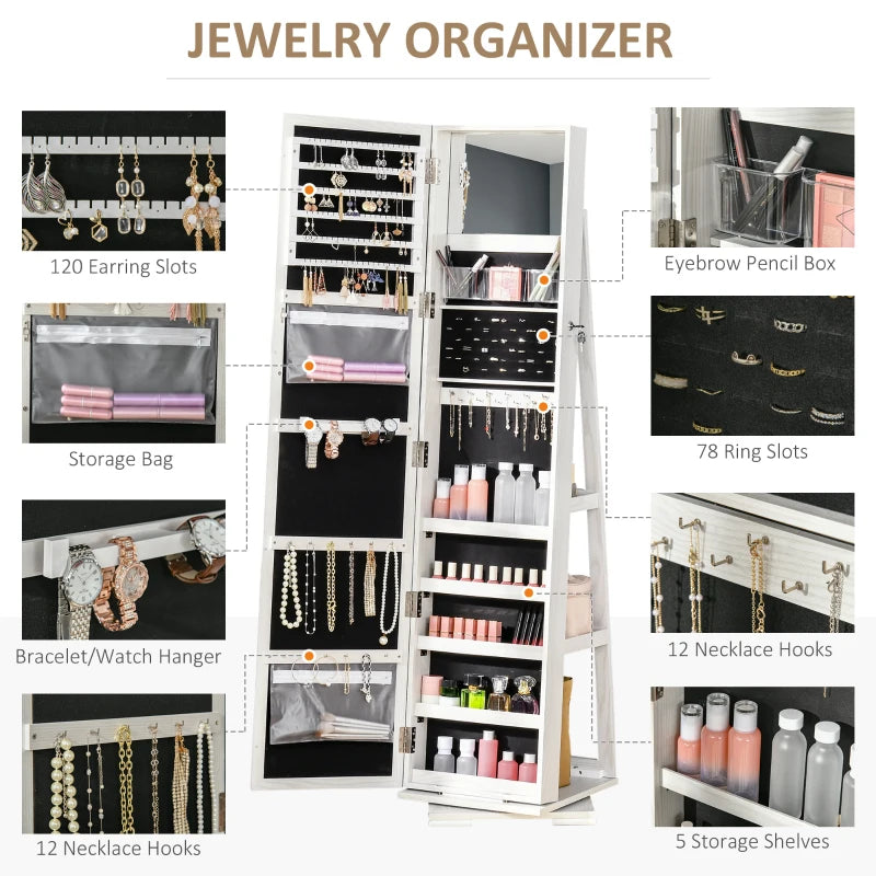 White Swivel Mirror Jewellery Cabinet with Lockable Organizer