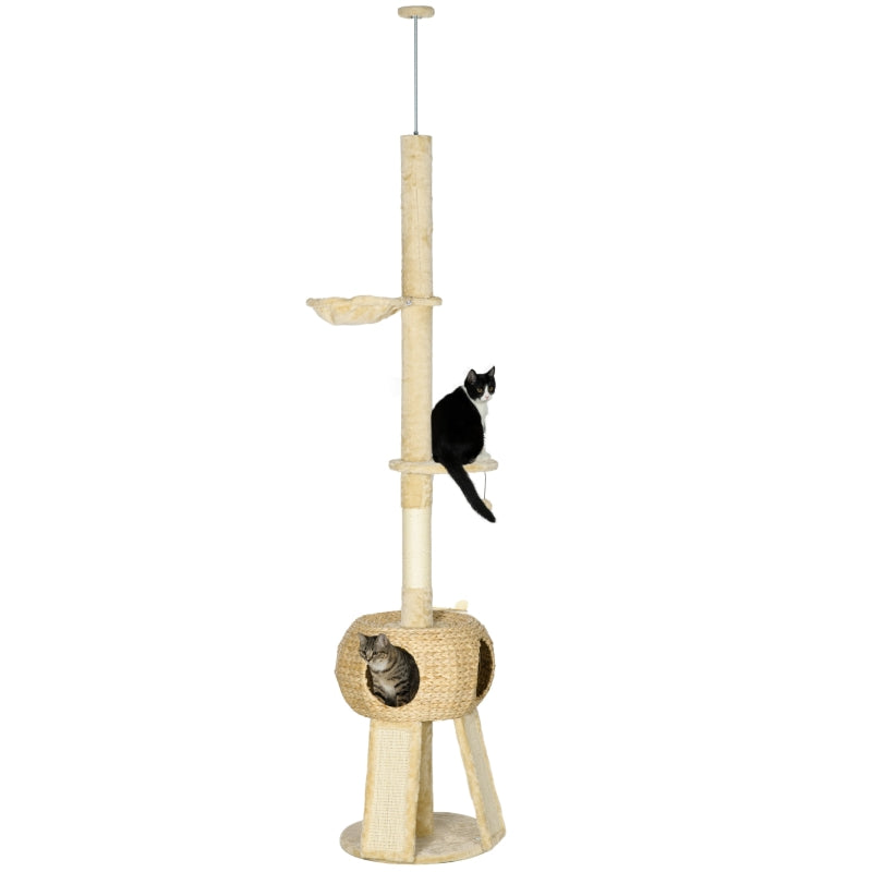 Beige Cat Tree Tower with Scratching Post and House - 255cm