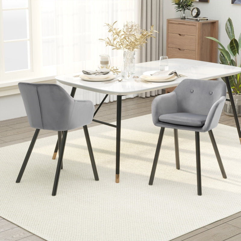 Grey Velvet Upholstered Dining Chairs Set of 2 with Backrest and Armrests