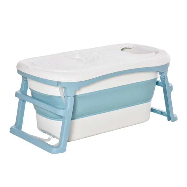 Blue Folding Baby Bath Tub for Toddlers Kids with Non-Slip Pads - Portable & Top Cover - 1-12 Years