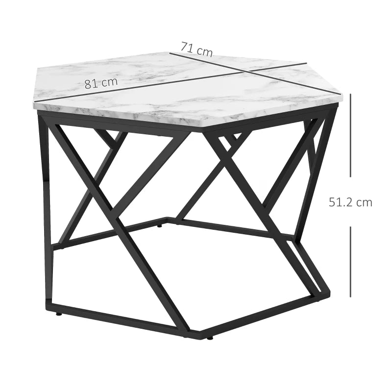 White Hexagonal Marble Coffee Table with Steel Frame