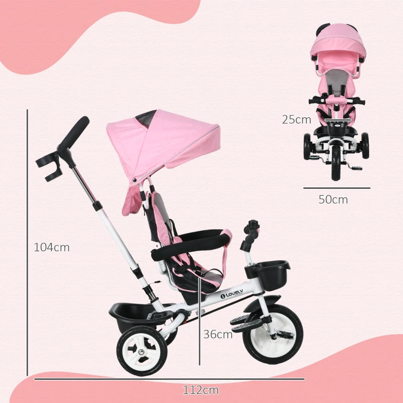 6-in-1 Pink Baby Push Tricycle with Parent Handle - Ages 1-5