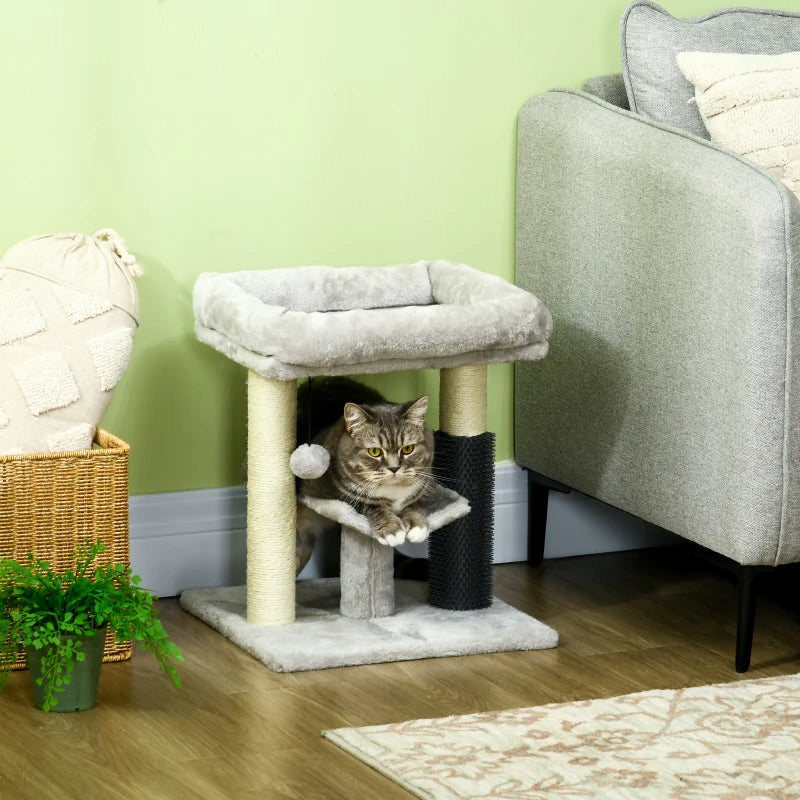 Grey Cat Tree with Scratching Posts, Bed, Perch, Self Groomer, Toy - 48cm