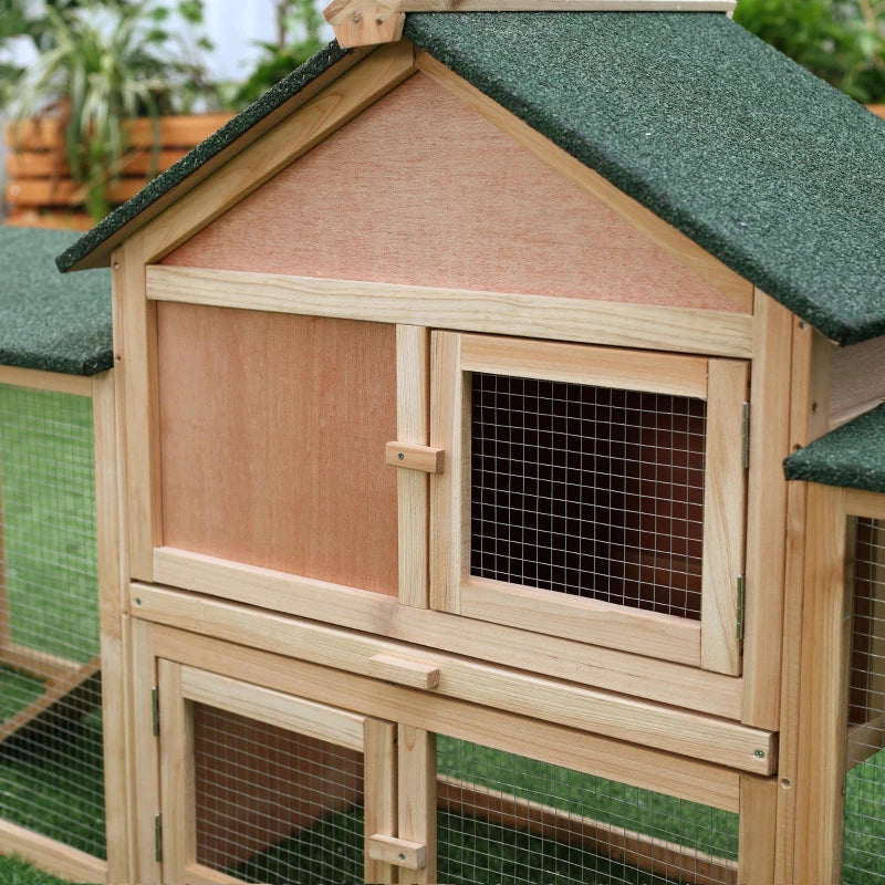 Wooden Outdoor Rabbit Hutch with Run, 2-Storey Bunny House - Grey, 210 x 45.5 x 84.5 cm