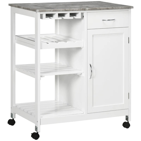 White Kitchen Trolley Cart with Wine Rack and Storage